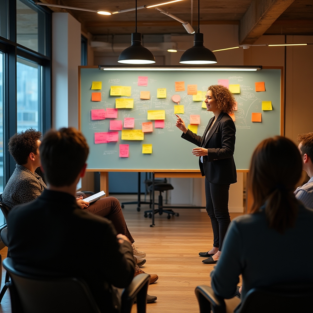 Facilitátor vedoucí skupinový workshop v moderní místnosti